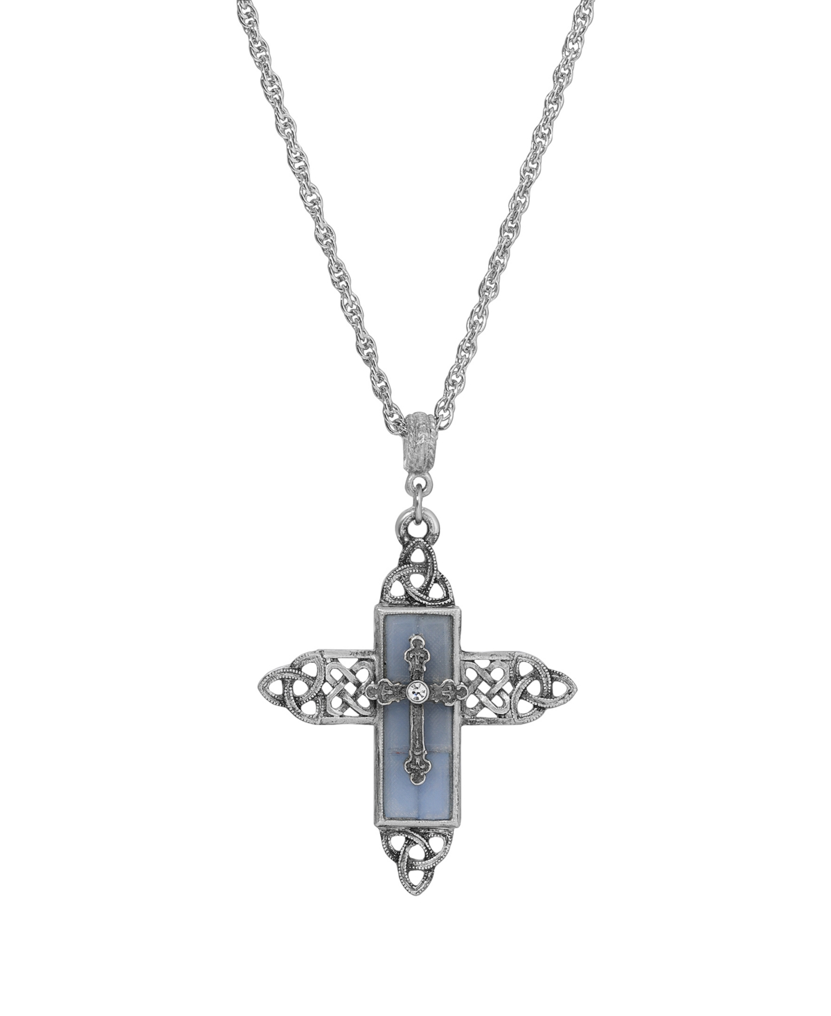 2028 Color Glass Crystal Filigree Cross Necklace In Blue
