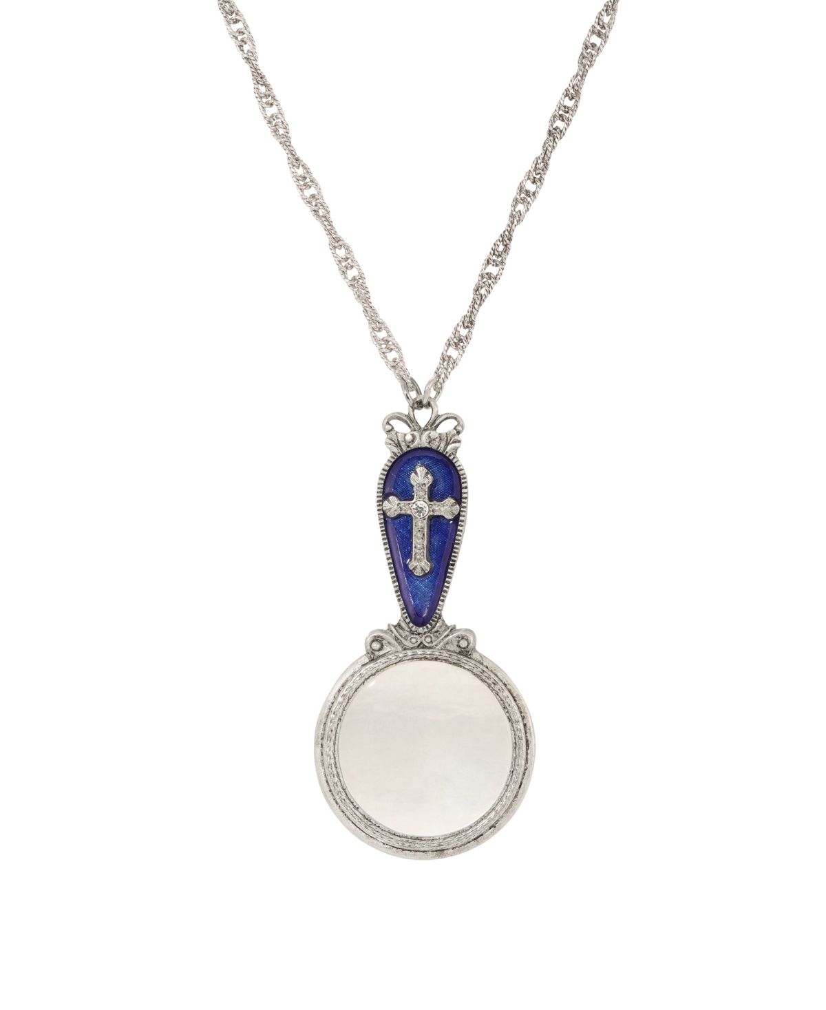 Symbols of Faith Enamel Cross Magnifying Glass Necklace - Blue