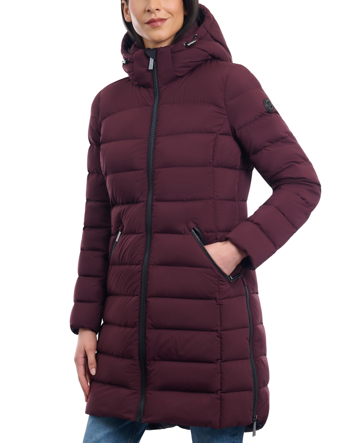 Michael Kors Michael  Women's Petite Hooded Faux-leather-trim Puffer Coat, Created For Macy's In Chocolate