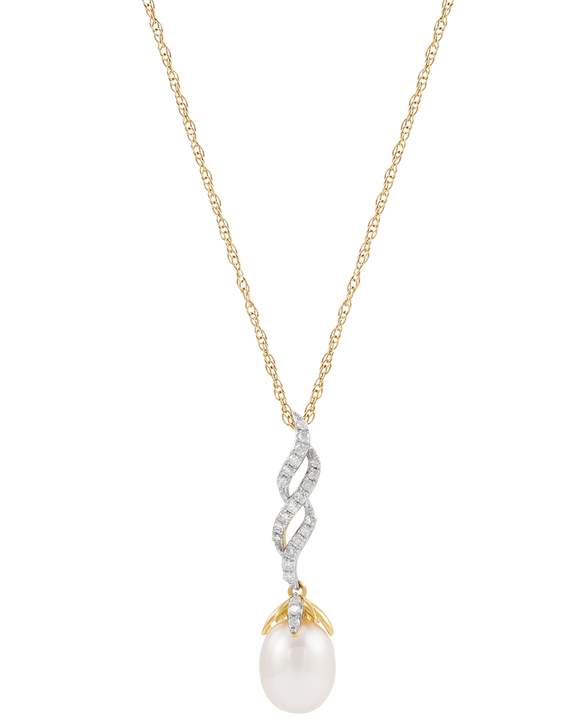 Cultured Freshwater Pearl (8mm) & Diamond (1/6 ct. t.w.) Twist 18" Pendant Necklace in 10k Gold - Gold
