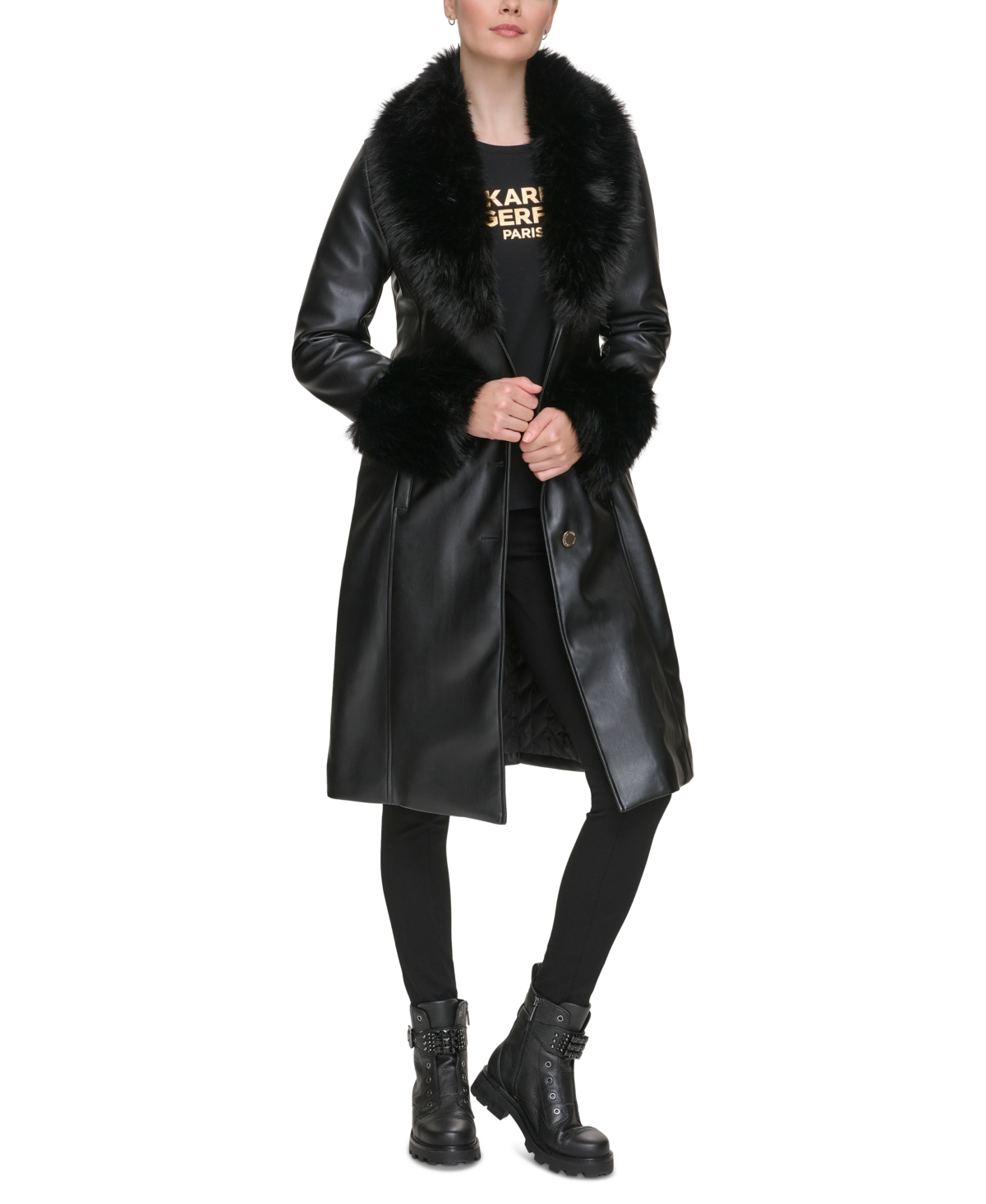 Shop Karl Lagerfeld Women's Faux-fur-trim Faux-leather Coat In Black
