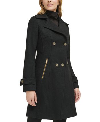 GUESS Women's Petite Notched-Collar Double-Breasted Cutaway Coat - Macy's