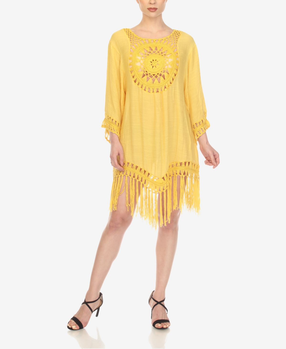 White Mark Women's Crocheted Fringed Trim 3/4 Sleeves Cover Up Dress In Yellow