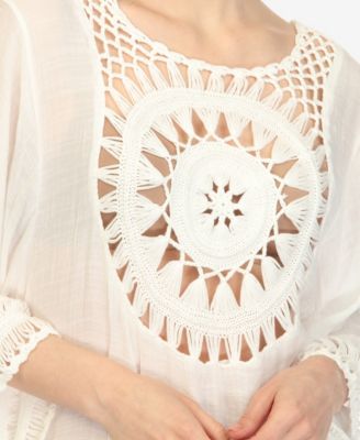 Women's Crocheted Fringed Trim 3/4 Sleeves Cover Up Dress