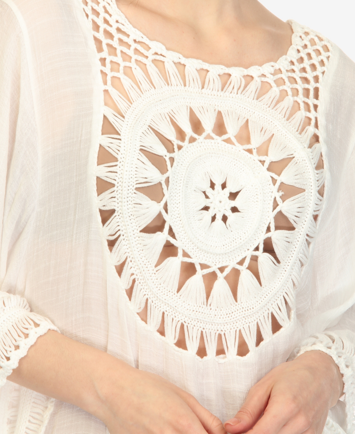 Mark Women's Crocheted Fringed Trim 3/4 Sleeves Cover Up Dress - White