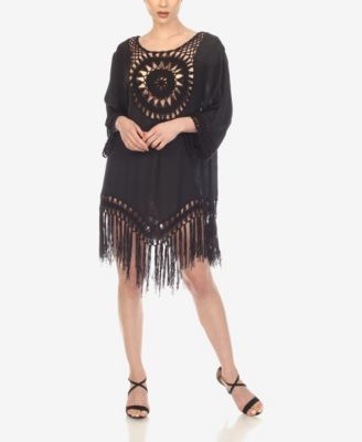 Women's Crocheted Fringed Trim 3/4 Sleeves Cover Up Dress