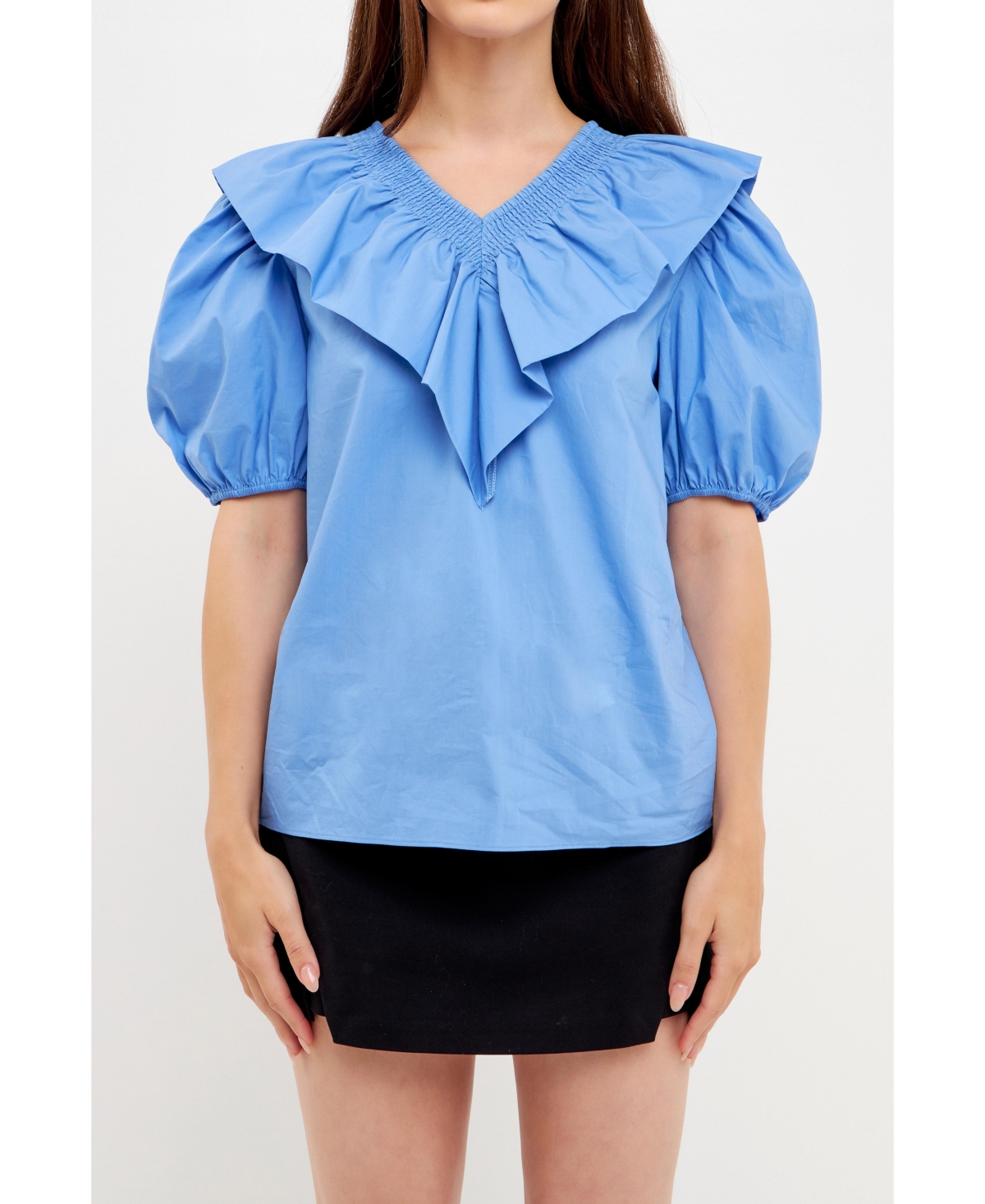 English Factory Smocked Ruffle Puff Sleeve Cotton Blouse In Blue
