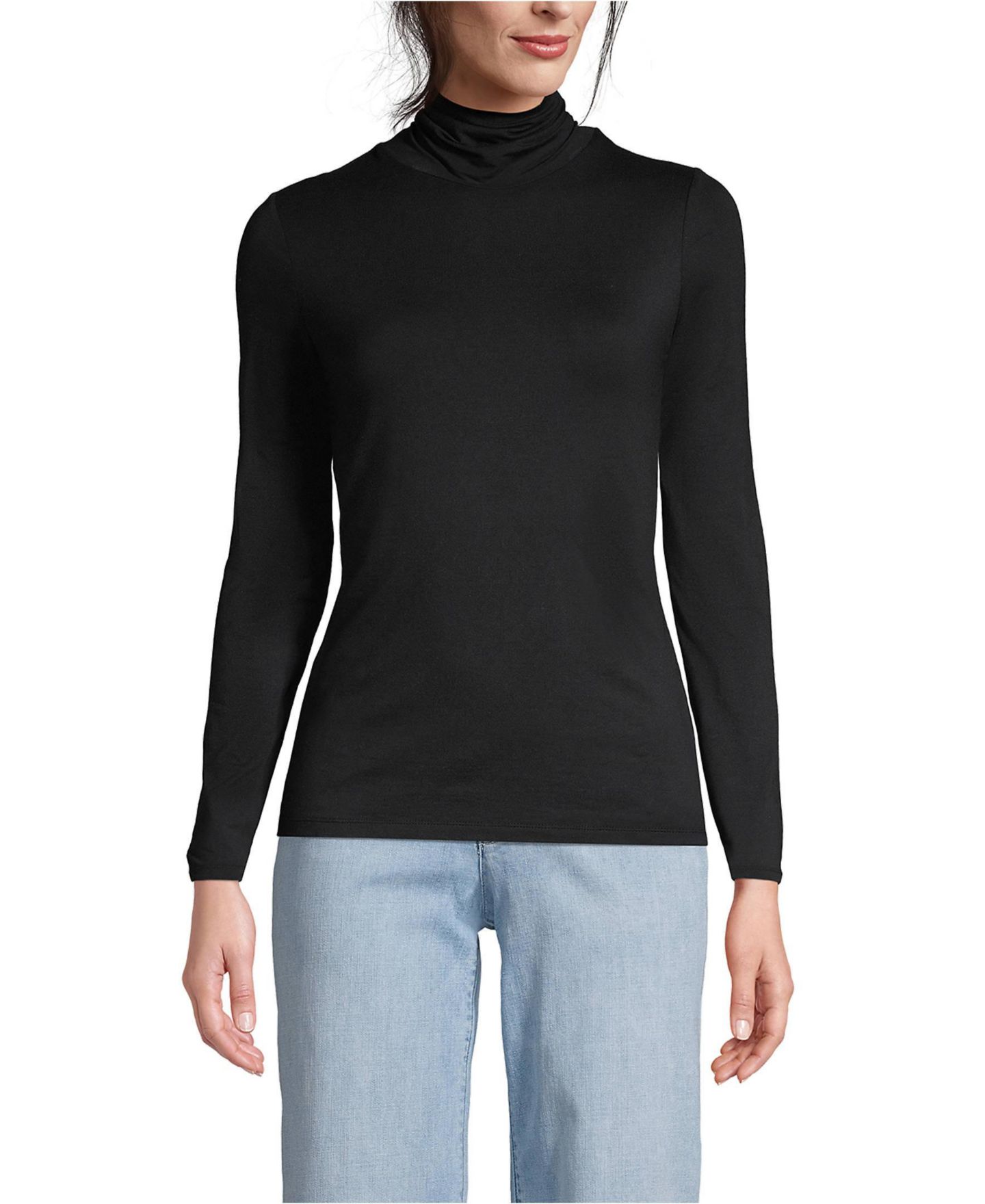 Женский топ Lands' End Tall Lightweight Jersey Skimming Long Sleeve Turtleneck, цвет: Чёрный — фото 1