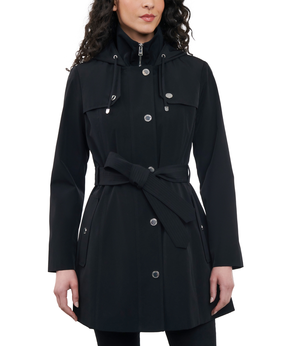 London Fog Women's Hooded Belted Zip-front Rain Coat In Black