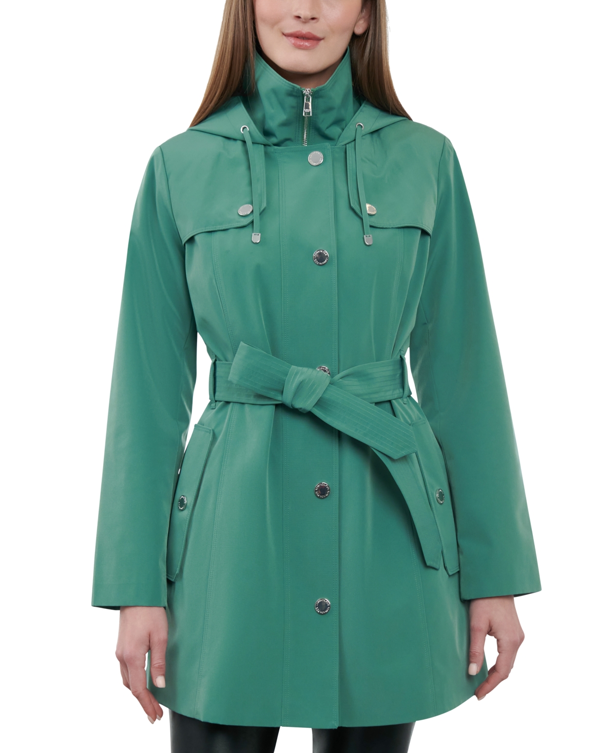 Women's Hooded Belted Zip-Front Rain Coat - Sage