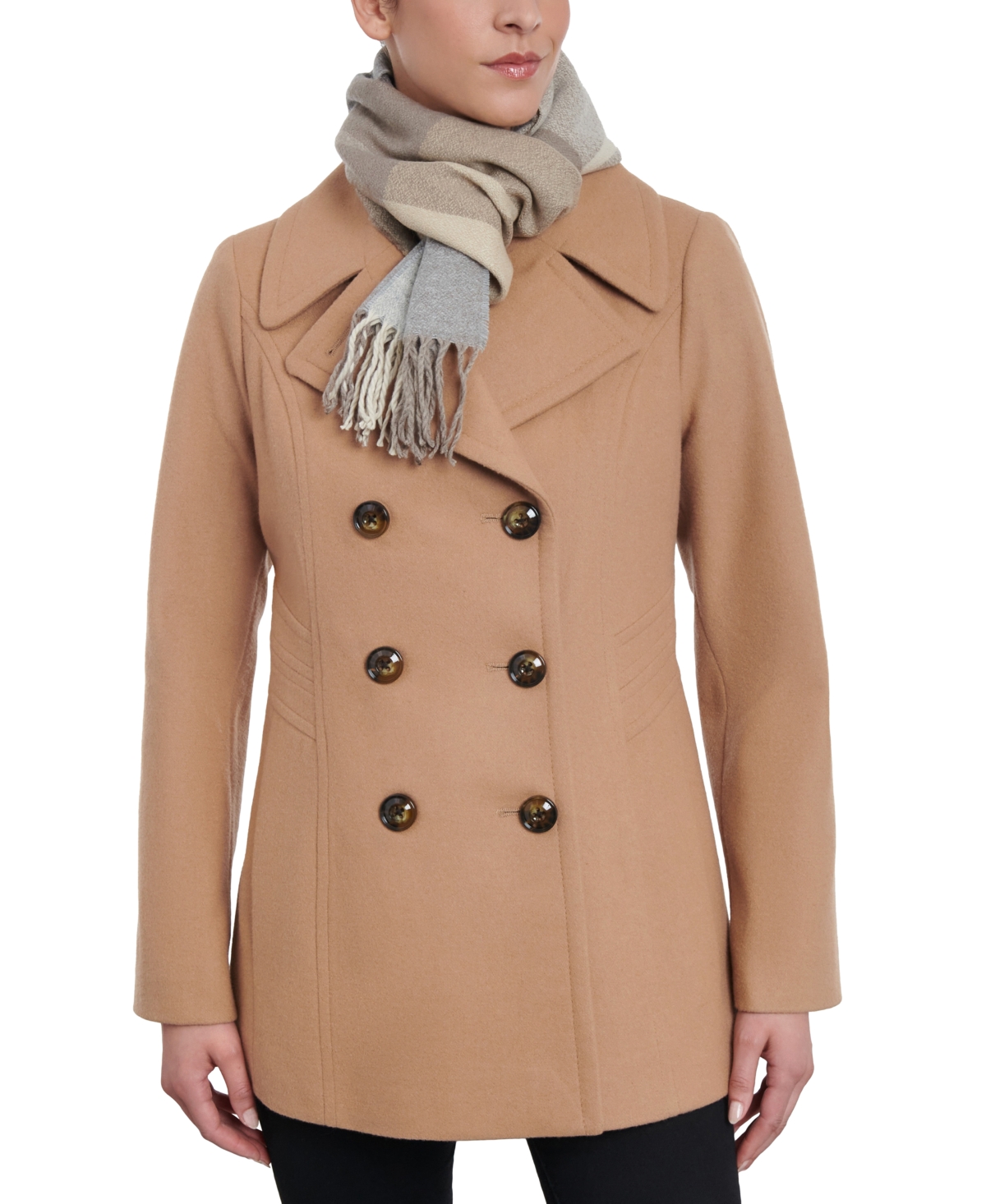 London Fog Women's Double-breasted Wool Blend Peacoat & Plaid Scarf In Camel