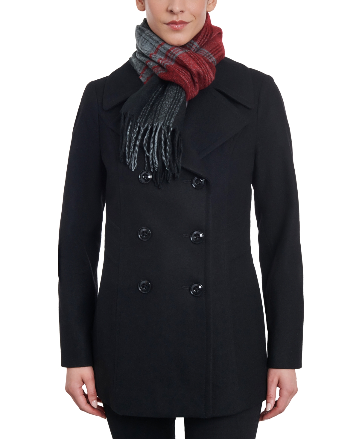 Women's Double-Breasted Wool Blend Peacoat & Plaid Scarf - Black