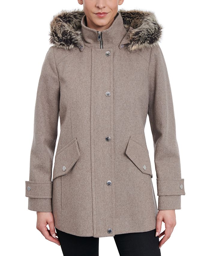 London Fog Women's Faux-Fur-Trim Hooded Wool Blend Walker Coat - Macy's