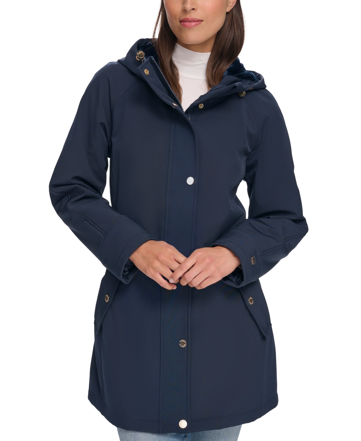 Tommy Hilfiger Women's Petite Hooded Belted Softshell Raincoat In Navy