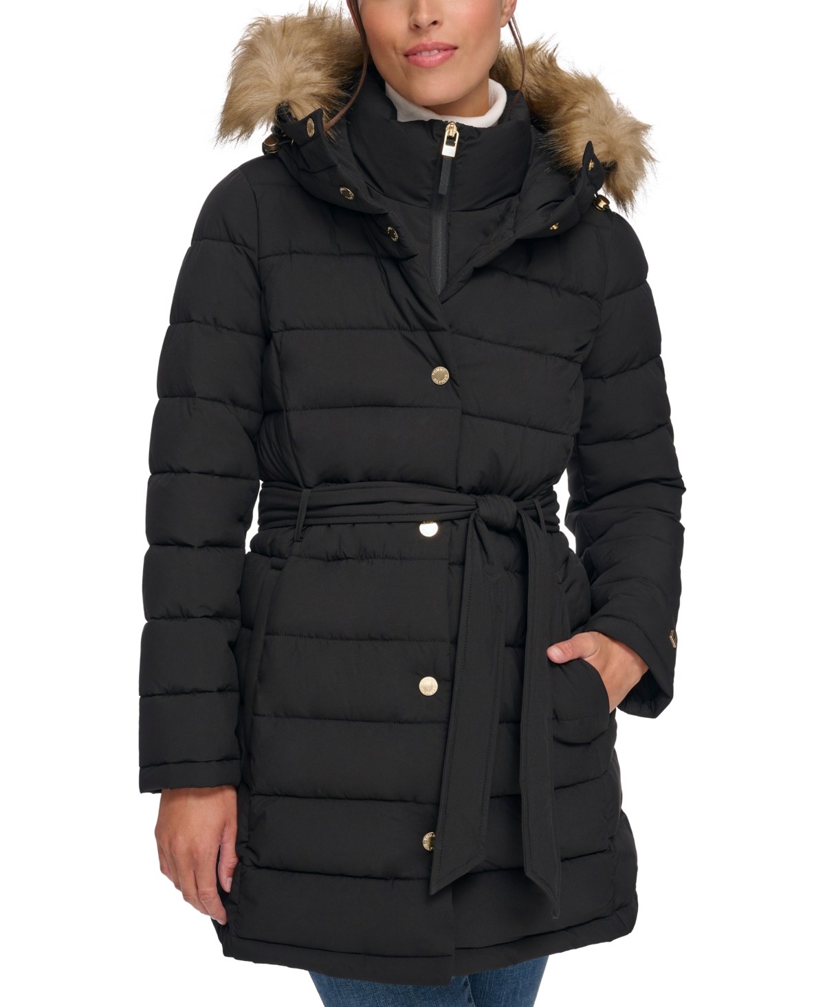 Tommy Hilfiger Women's Belted Faux-fur-trim Hooded Puffer Coat, Created For Macy's In Black