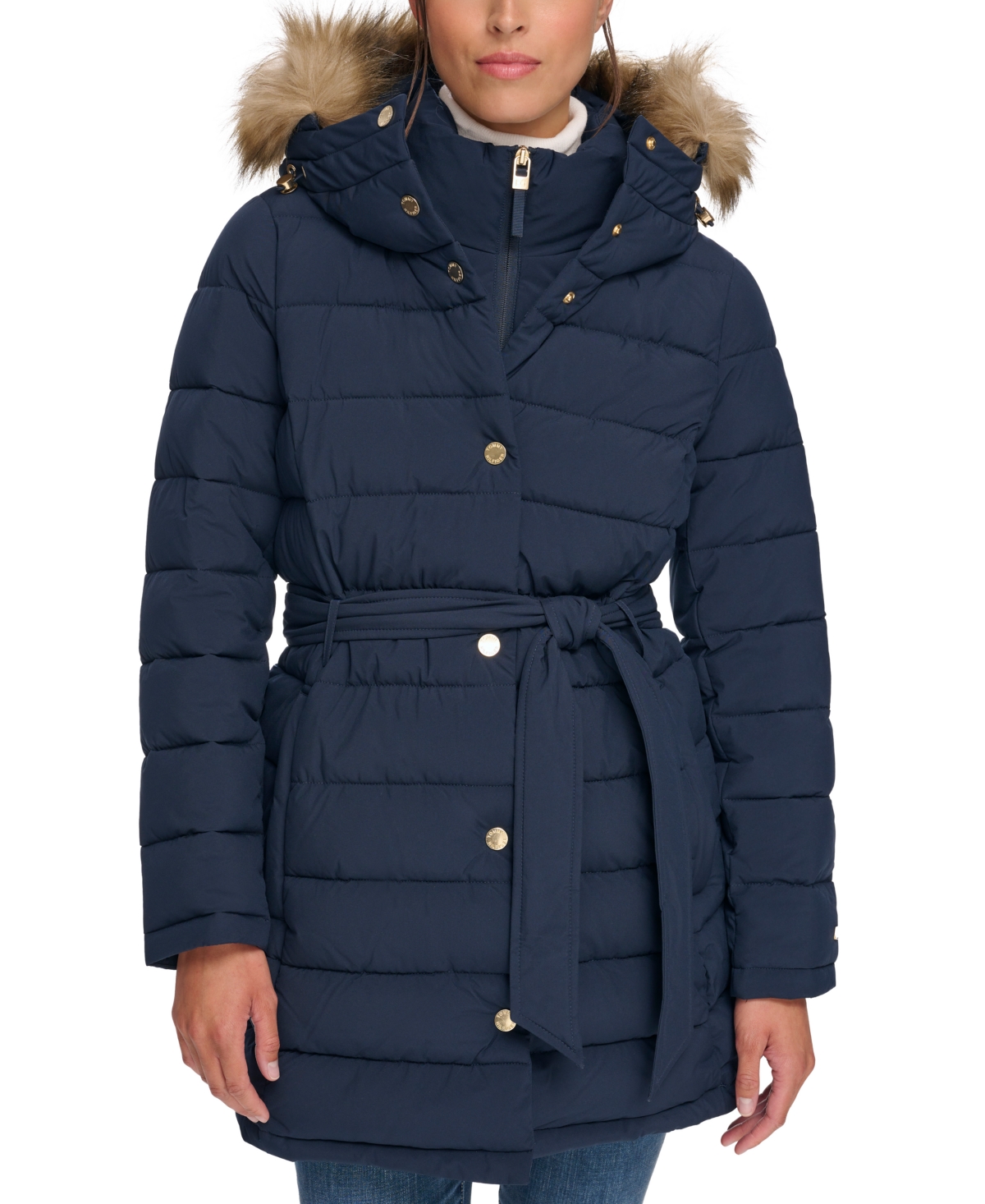 Shop Tommy Hilfiger Women's Belted Faux-fur-trim Hooded Puffer Coat, Created For Macy's In Navy