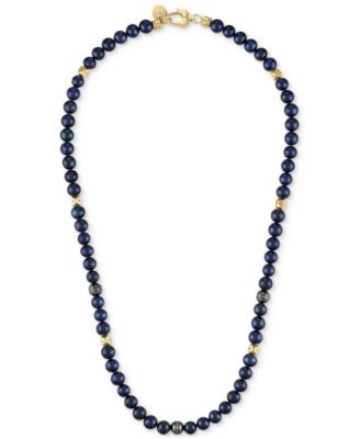Men's Marine Star Blue Freshwater Pearl (8mm) & Diamond (1/4 ct. t.w.) Beaded 22" Necklace in 14k Gold-Plated Sterling Silver