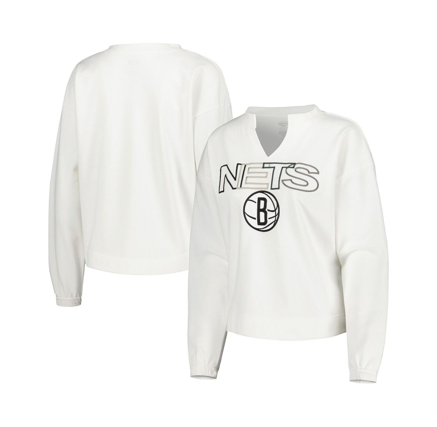 Women's White Brooklyn Nets Sunray Notch Neck Long Sleeve T-shirt