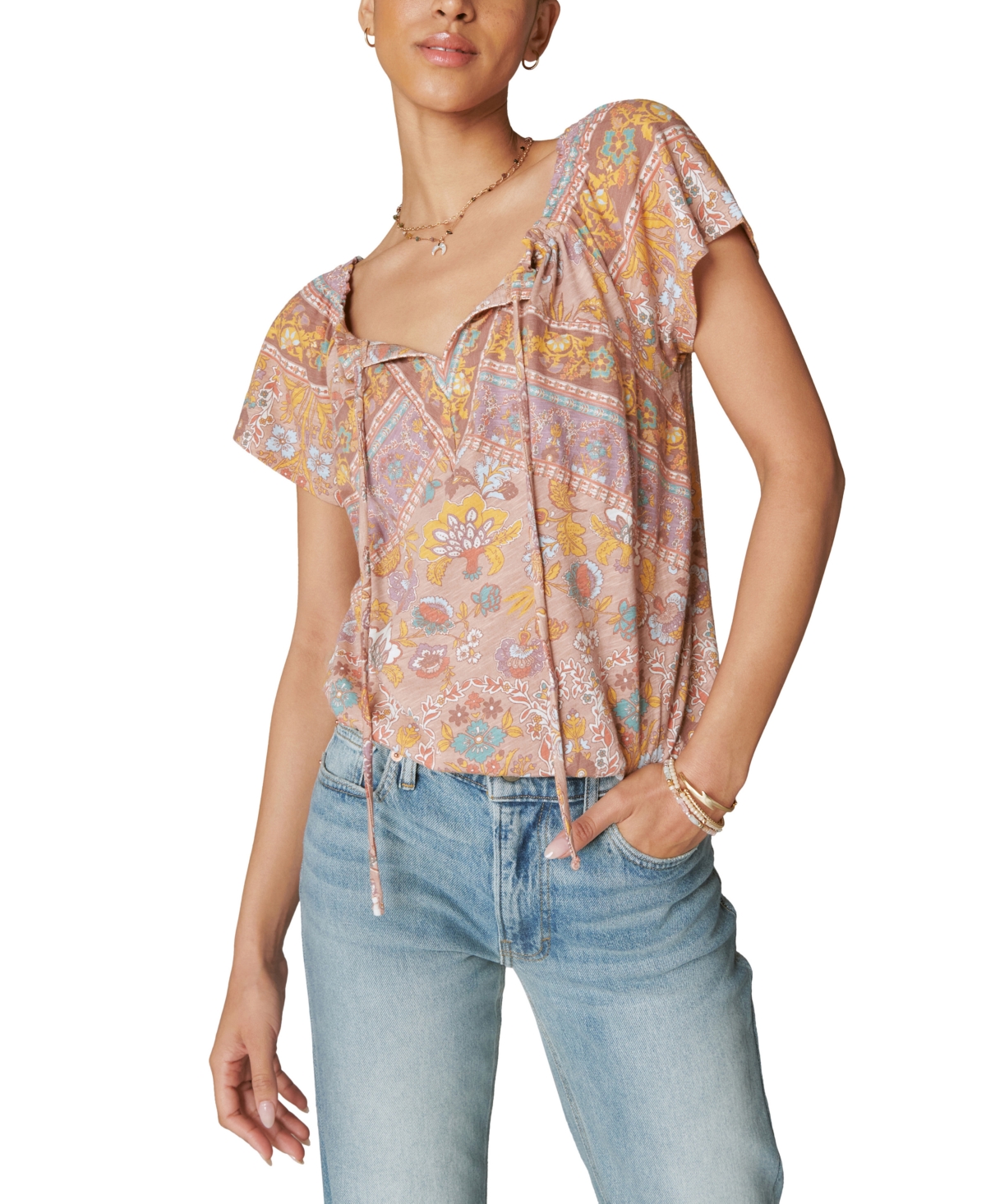 LUCKY BRAND WOMEN'S COTTON PRINTED PEASANT BUBBLE TOP