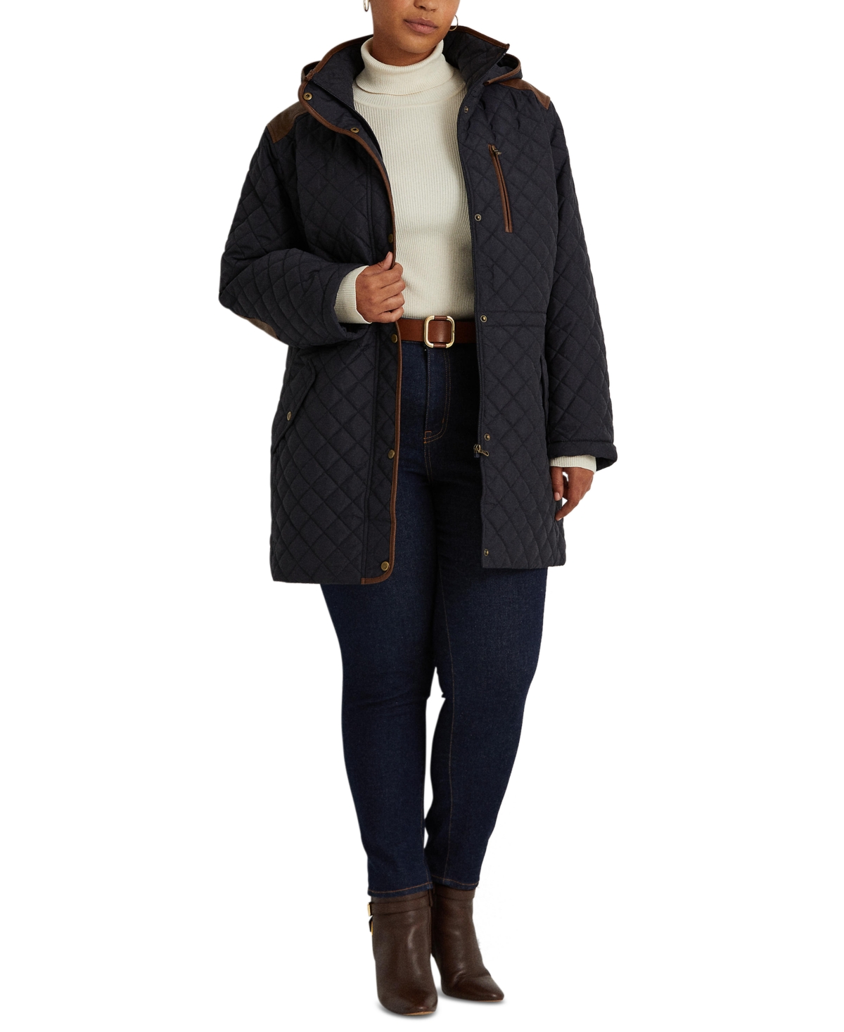 Lauren Ralph Lauren Women's Plus Size Hooded Quilted Coat, Created By Macy's In Dark Navy