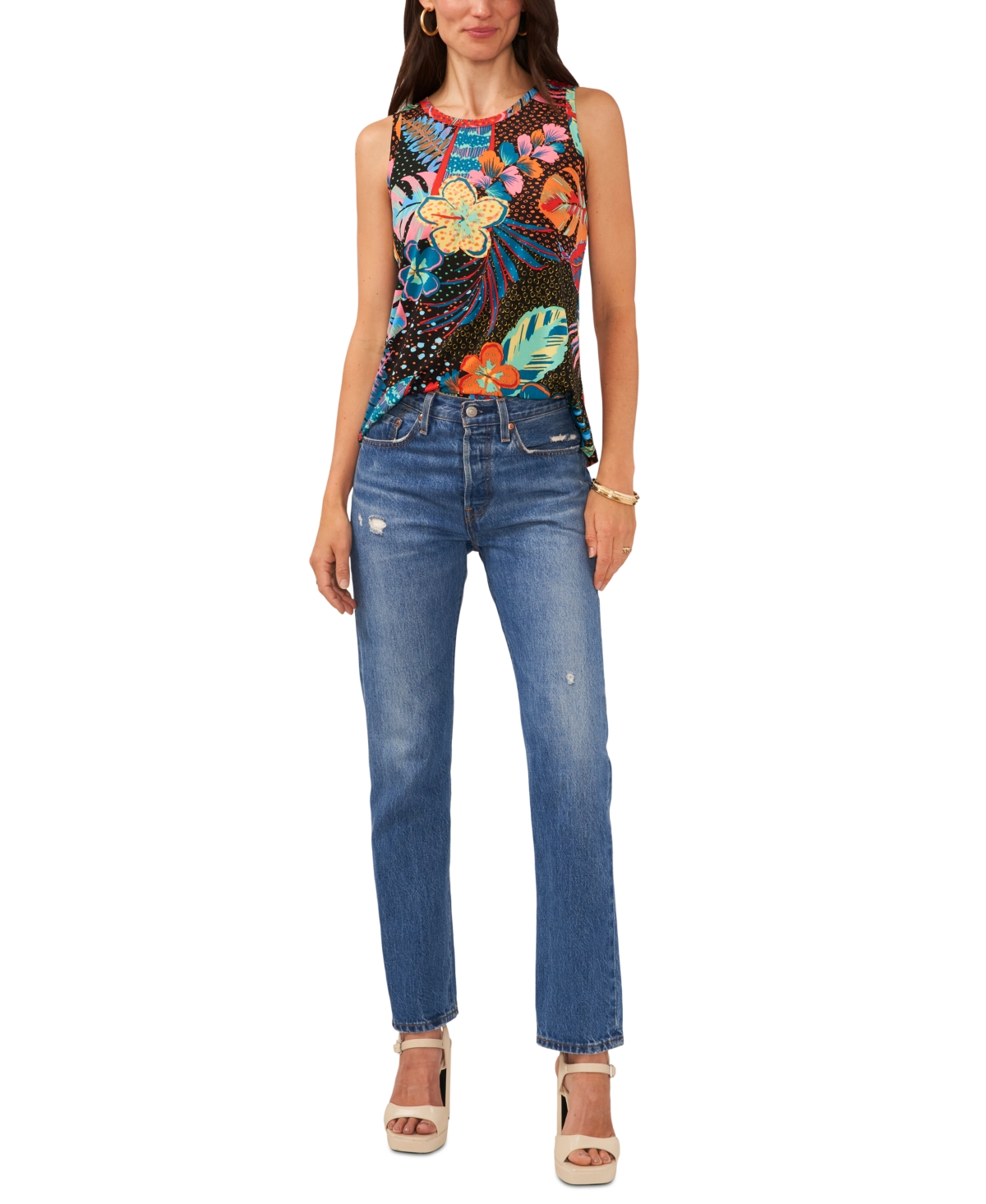 VINCE CAMUTO WOMEN'S PRINTED CREWNECK SPLIT BACK KEYHOLE TANK TOP 