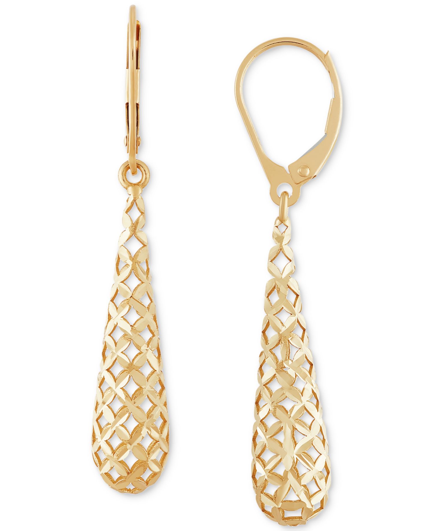 Lattice Work Elongated Teardrop Leverback Drop Earrings in 10k Gold