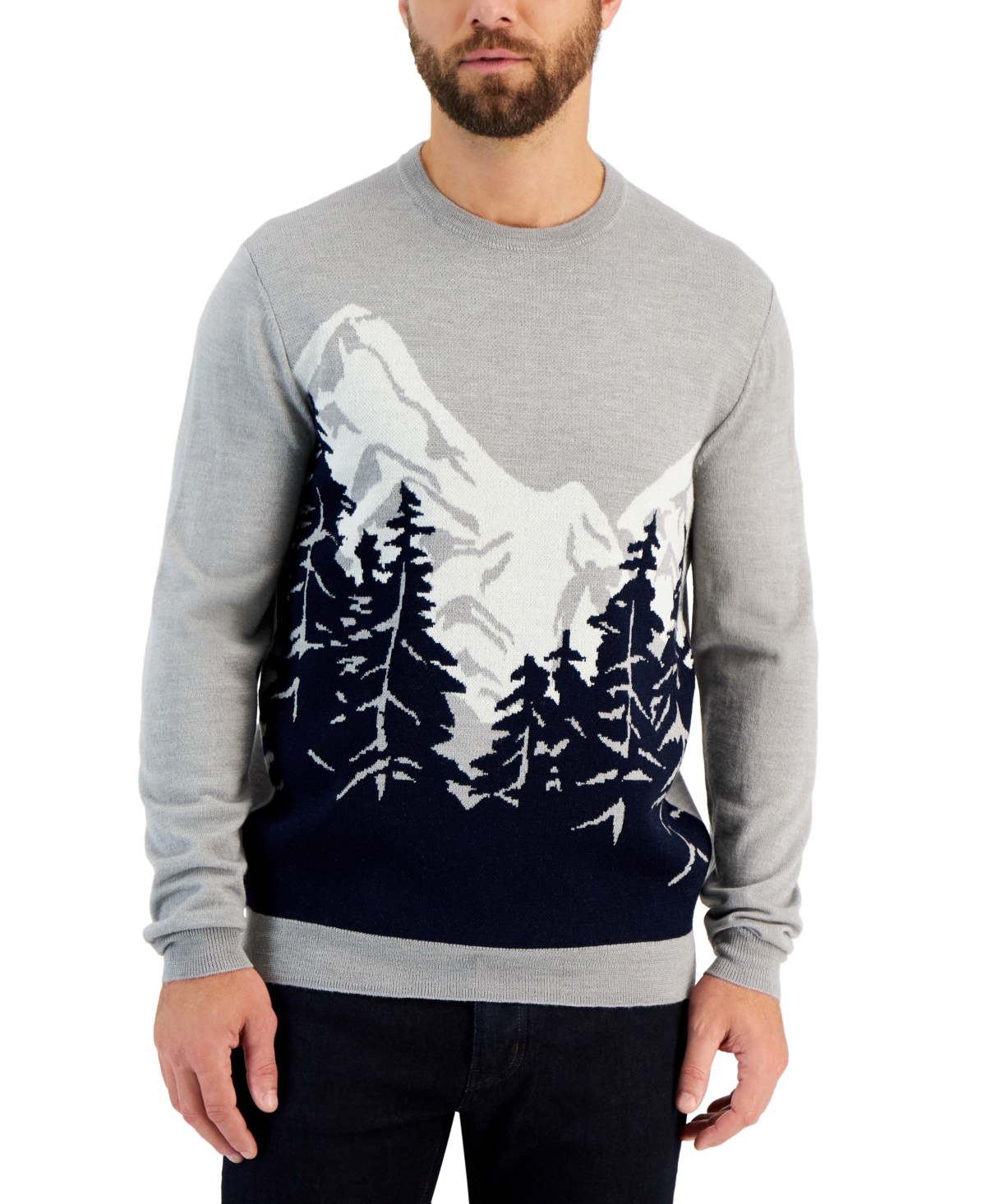 Men's Merino Knit Mountain Long Sleeve Crewneck Sweater, Created for Macy's - Navy Combo
