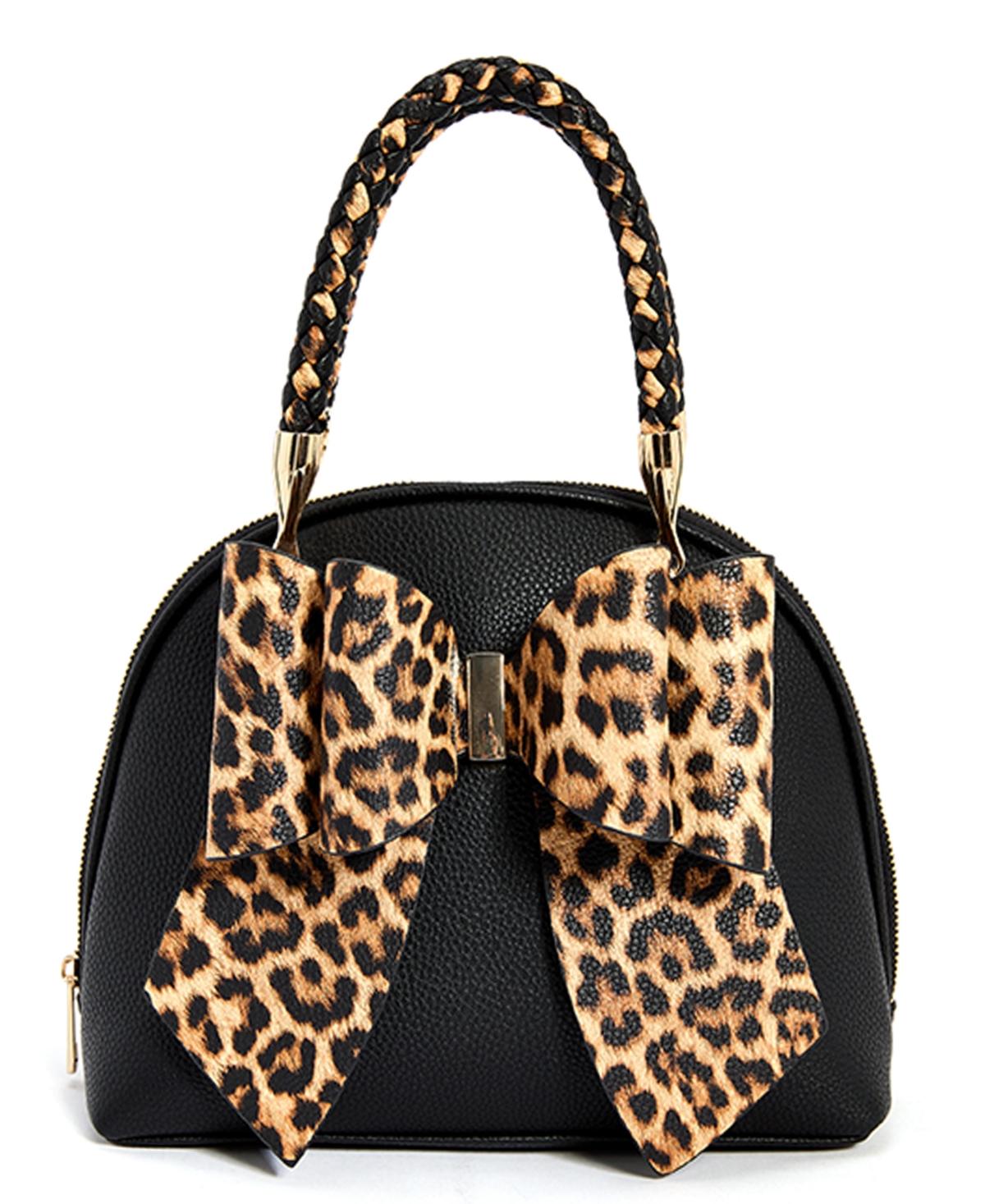 Like Dreams Leopard Top Handle Small Bow Bag In Black Leopard