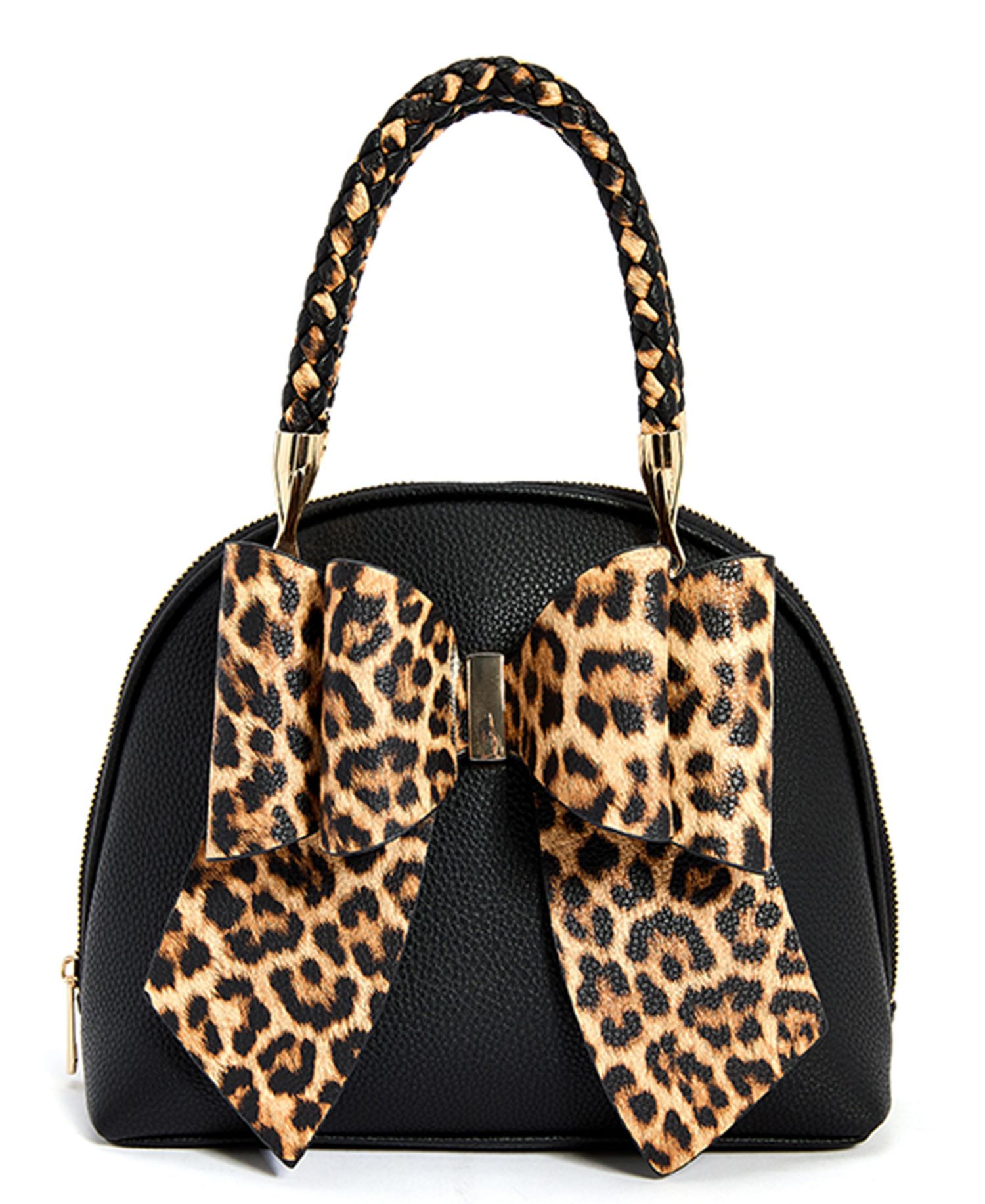 Leopard Top Handle Small Bow Bag