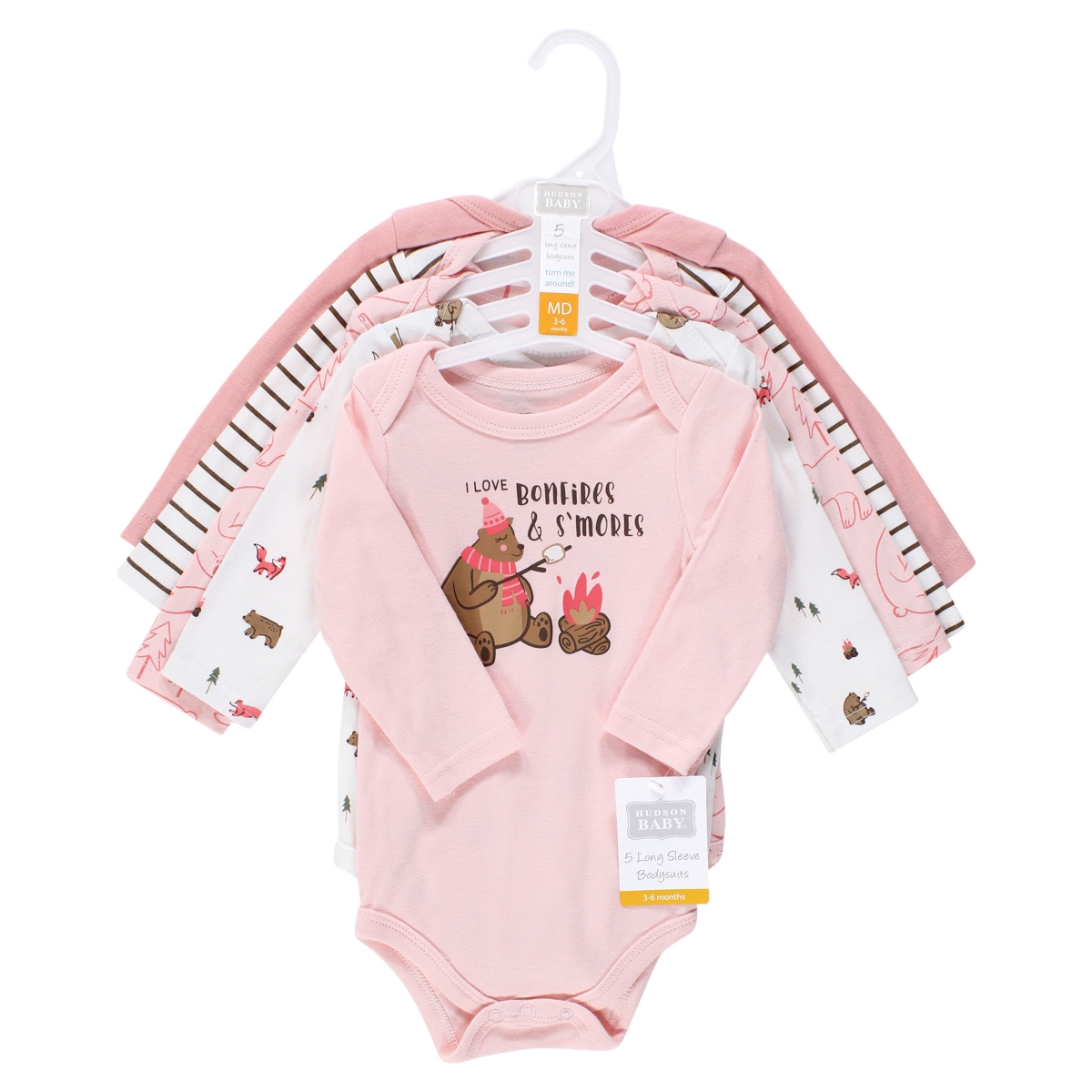 Hudson Baby Baby Girls Cotton Long-Sleeve Bodysuits Camping Animals, 5-Pack