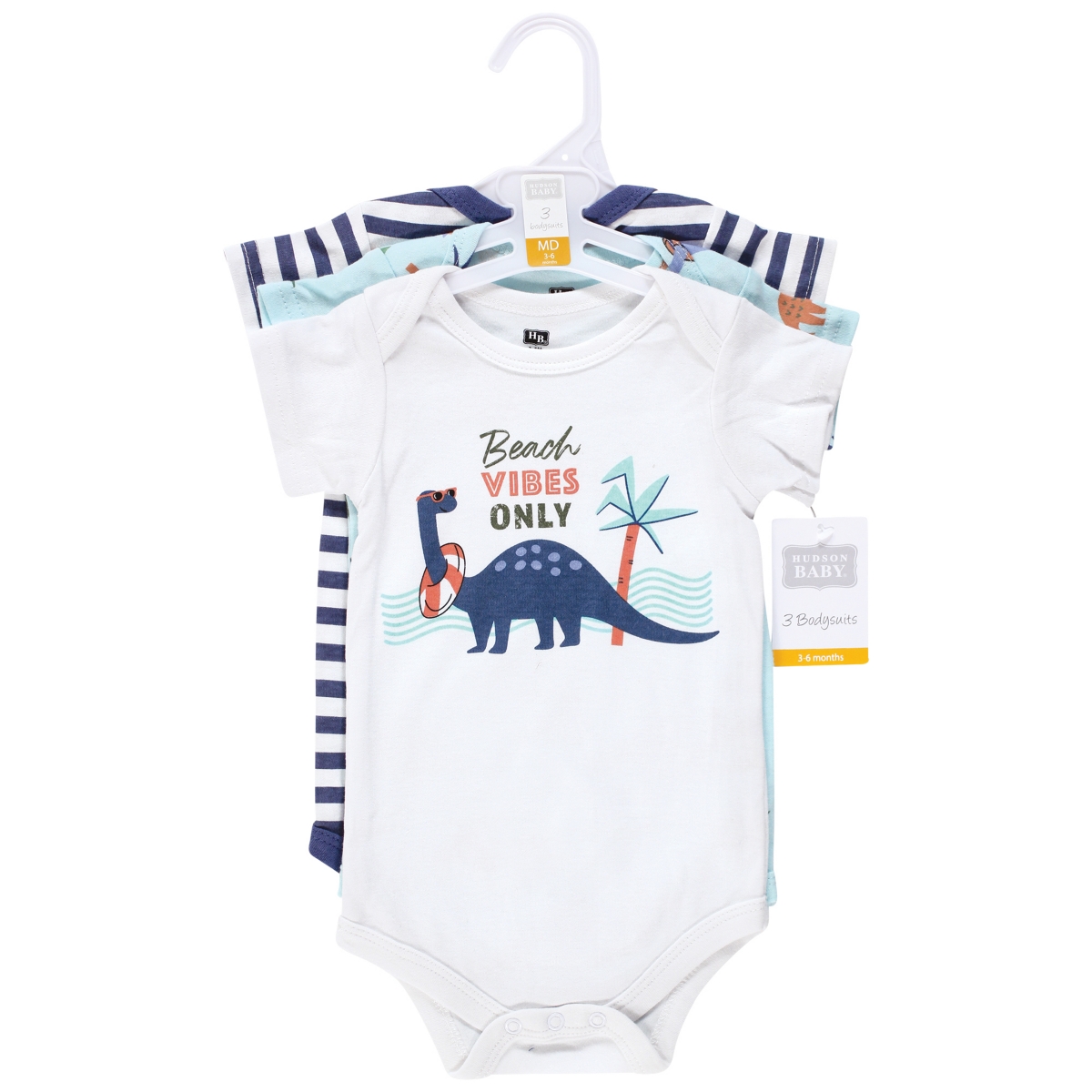 Hudson Baby Baby Boys Unisex Baby Cotton Bodysuits, 3-Pack - Beach dino