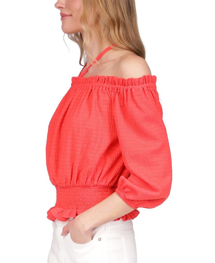 Michael Kors Women's Smocked Ruffled Sheer Tiered Skirt Lined Floral Long Sleeve Surplice Neckline Short Party Faux Wrap Dress Red Size Petite Large