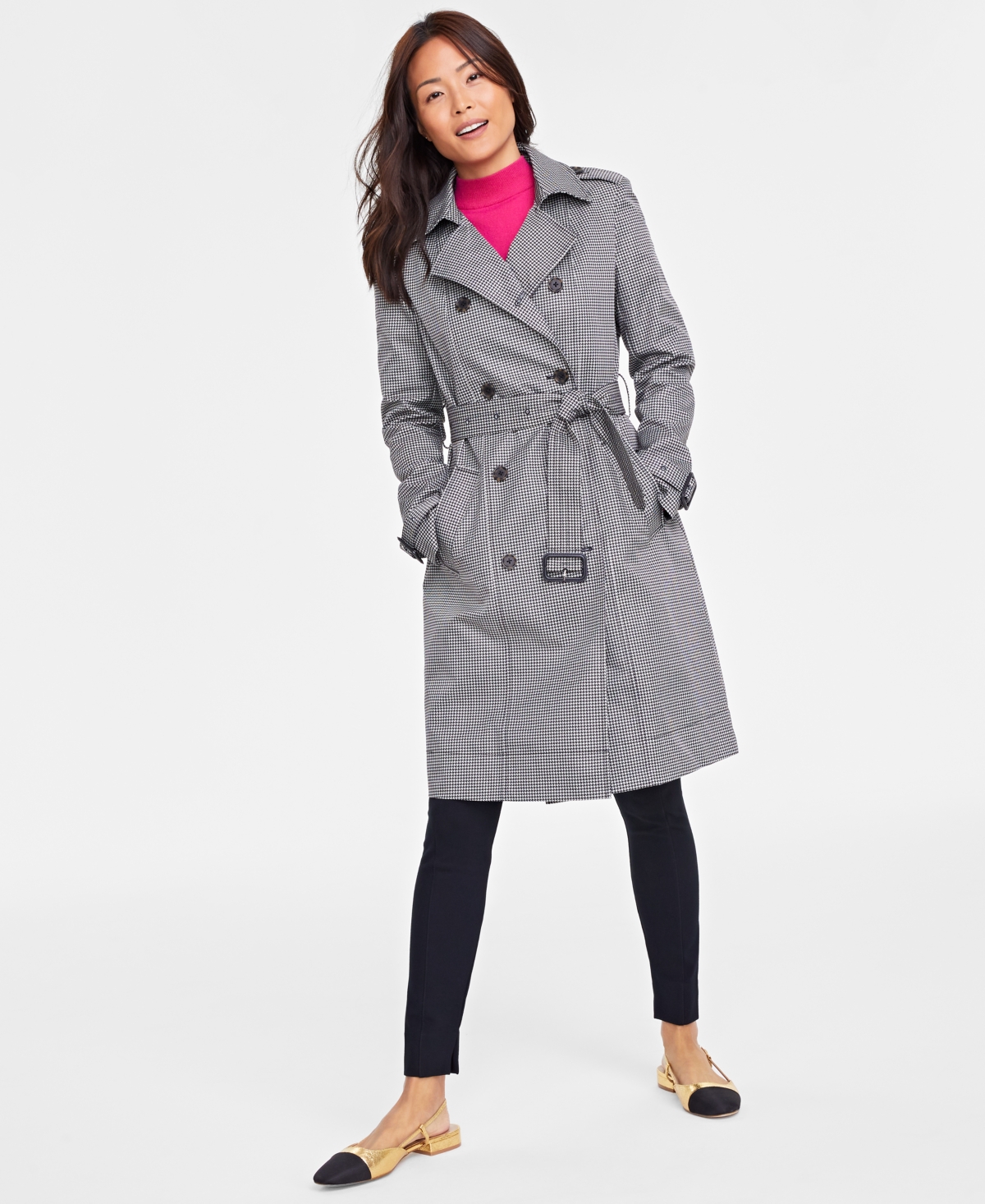 On 34th Women's Plaid Trench Coat, Created For Macy's In Black Alabaster Combo
