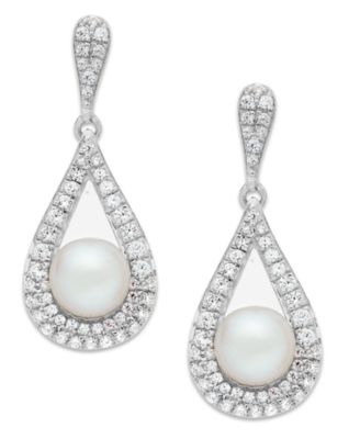 Macy's - Cultured Freshwater Pearl (5-1/2mm) and Diamond (1/2 ct. t.w.) Drop Earrings in 14k White Gold
