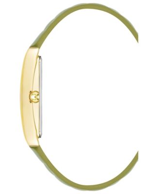 Women's Three Hand Quartz Rectangular Gold-Tone Alloy and Green Genuine Leather Strap Watch, 32mm