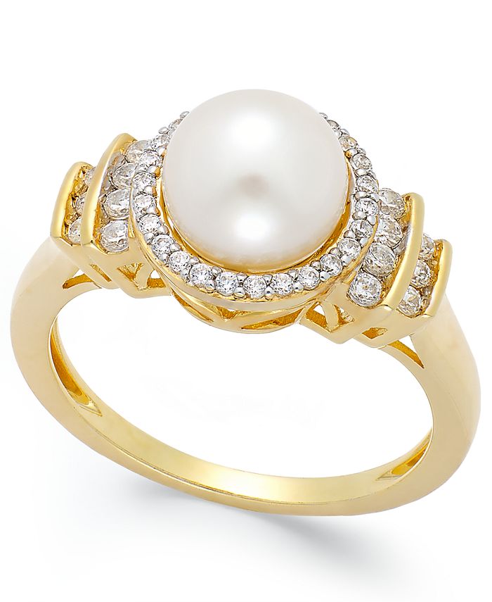 Macy's - Cultured Freshwater Pearl (8mm) and Diamond (1/3 ct. t.w.) Ring in 14k Gold