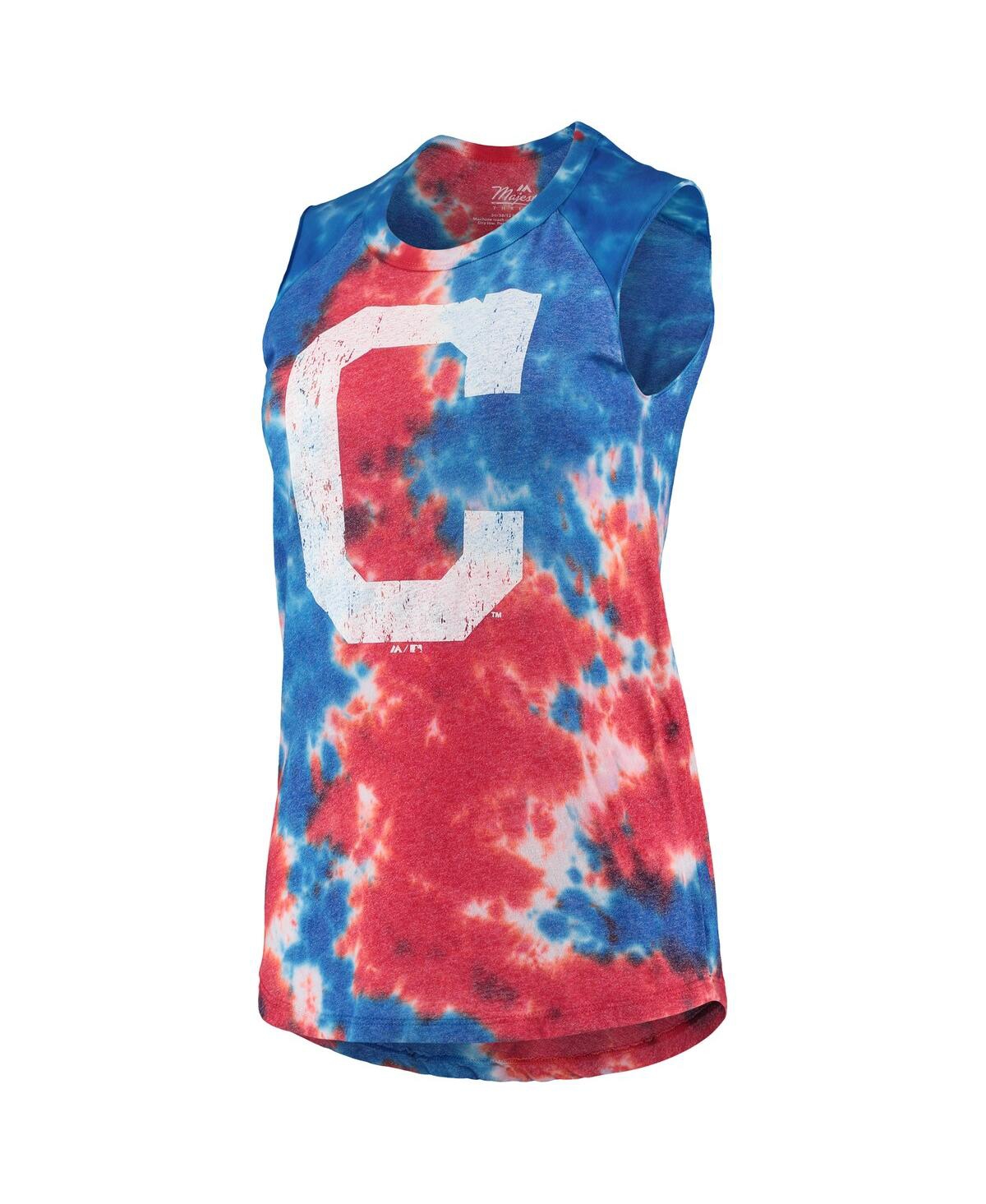 Shop Majestic Women's  Threads Red, Blue Cleveland Indians Tie-dye Tri-blend Muscle Tank Top In Red,blue