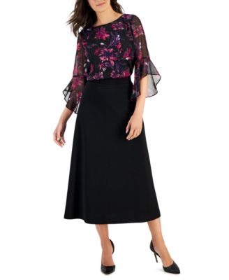 KASPER WOMENS PRINTED RUFFLE SLEEVE BLOUSE CROSSHATCH MIDI SKIRT