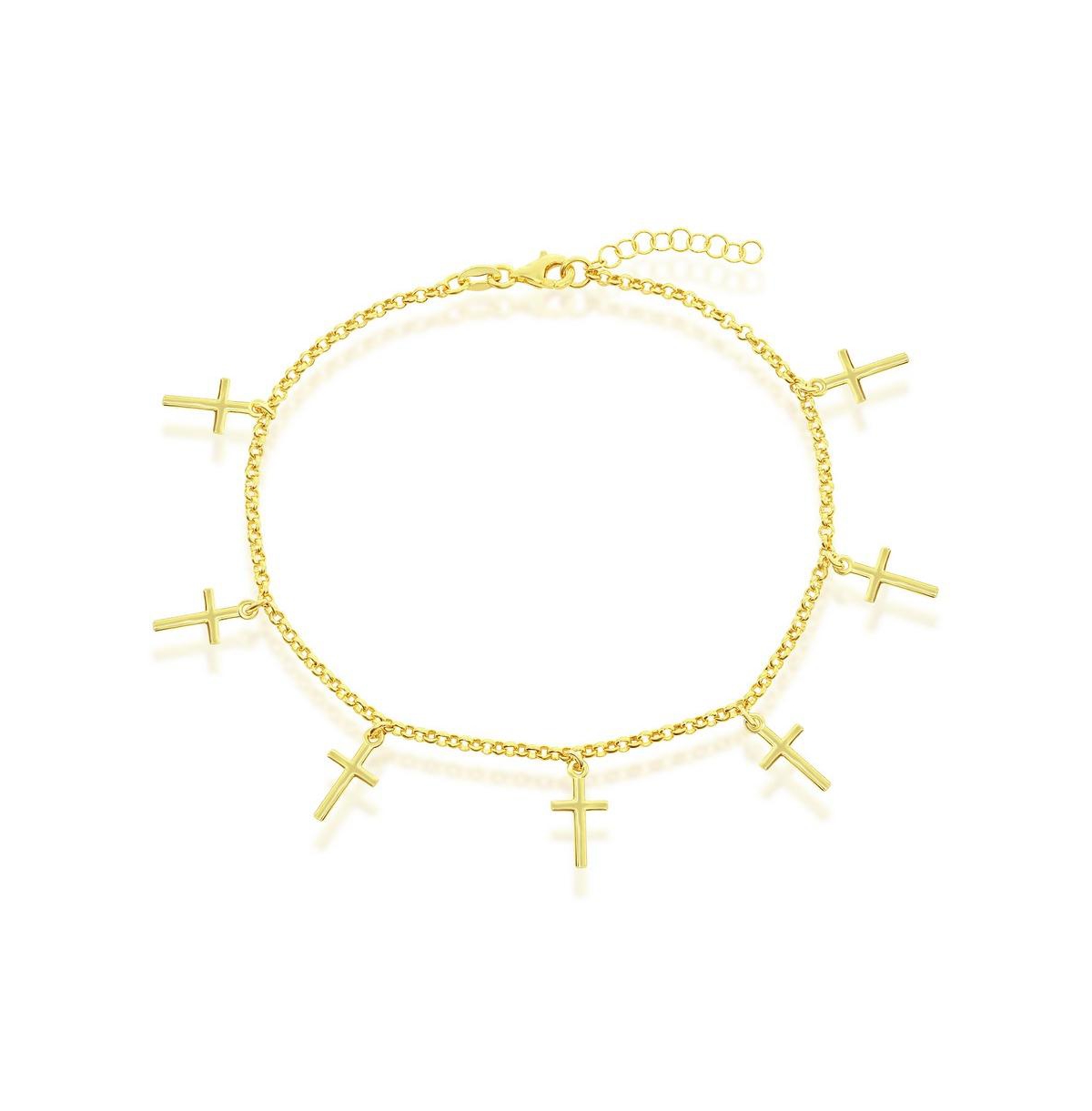 Sterling Silver Cross Charms Rolo Chain Anklet - Gold Plated - Gold