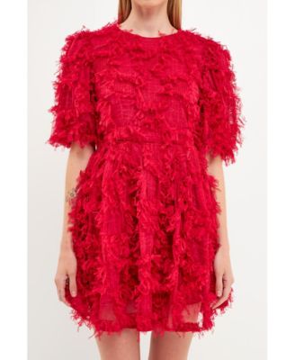 Women's Gridded Mesh Feathered Puff Sleeve Mini Dress