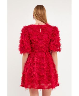 Women's Gridded Mesh Feathered Puff Sleeve Mini Dress