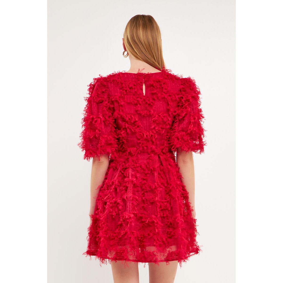 endless rose Women's Gridded Mesh Feathered Puff Sleeve Mini Dress