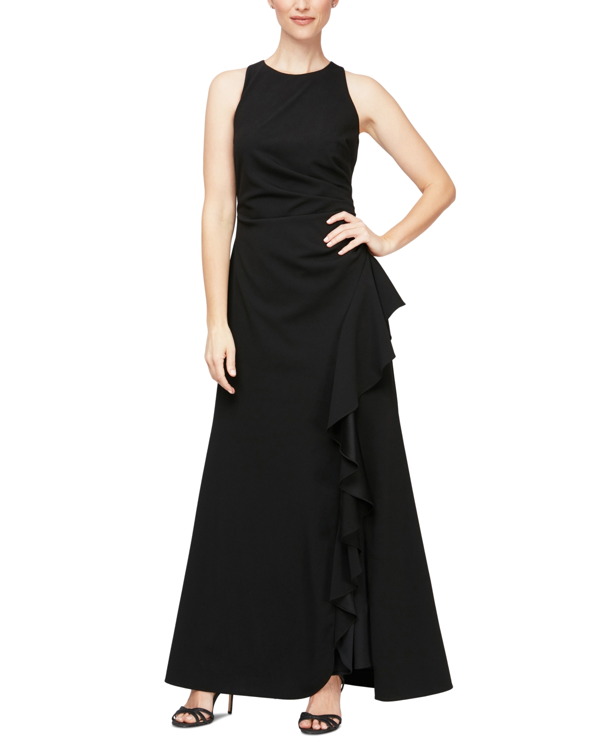 Alex & Eve Ruffled Slit-front Gown In Black