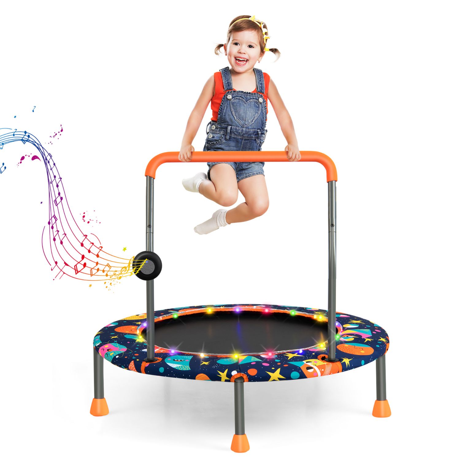 36'' Mini Toddler Trampoline W/LED Bluetooth Speaker Detachable Handle