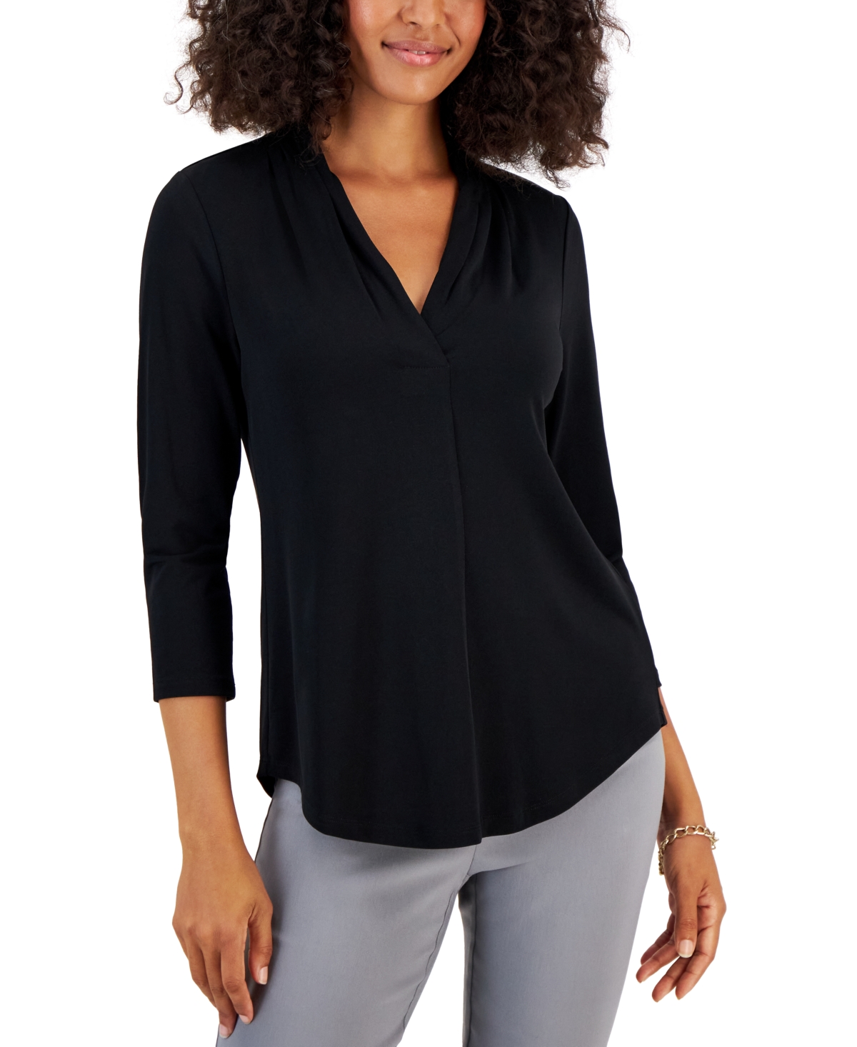 Women's 3/4 Sleeve V-Neck Pleat Top, Created for Macy's - Phlox Pink