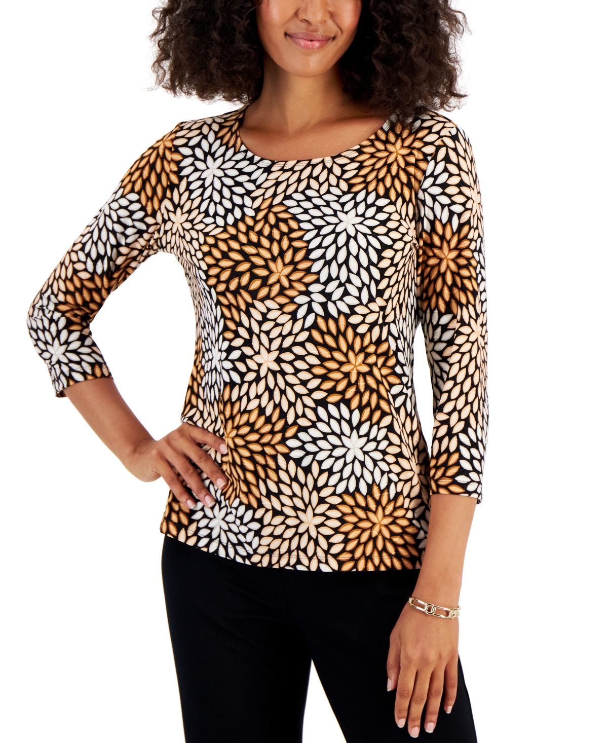 Jm Collection Women's Printed Jacquard Scoop-neck Top, Created For Macy's In Deep Black Combo