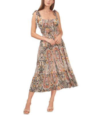 1.STATE - Women's Printed Tie-Strap Elastic-Waist Midi Dress
