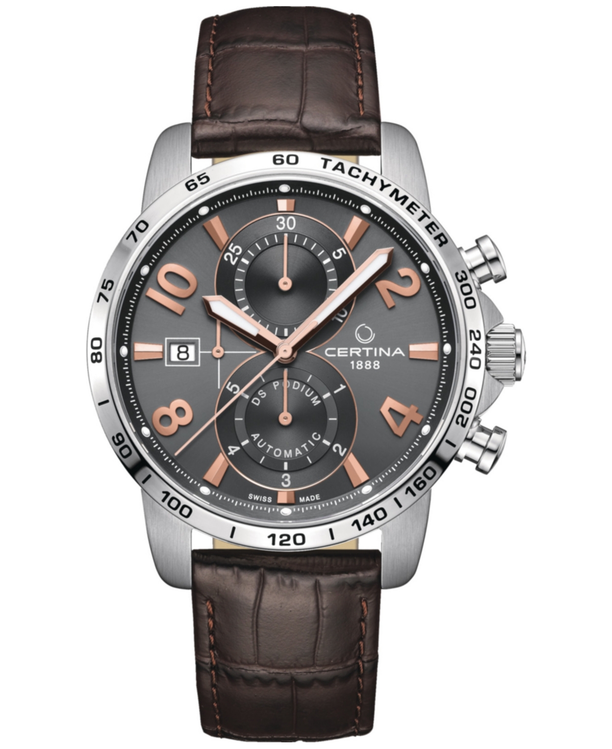 Certina Men's Swiss Automatic Chronograph Ds Podium Brown Leather Strap Watch 44mm In Grey