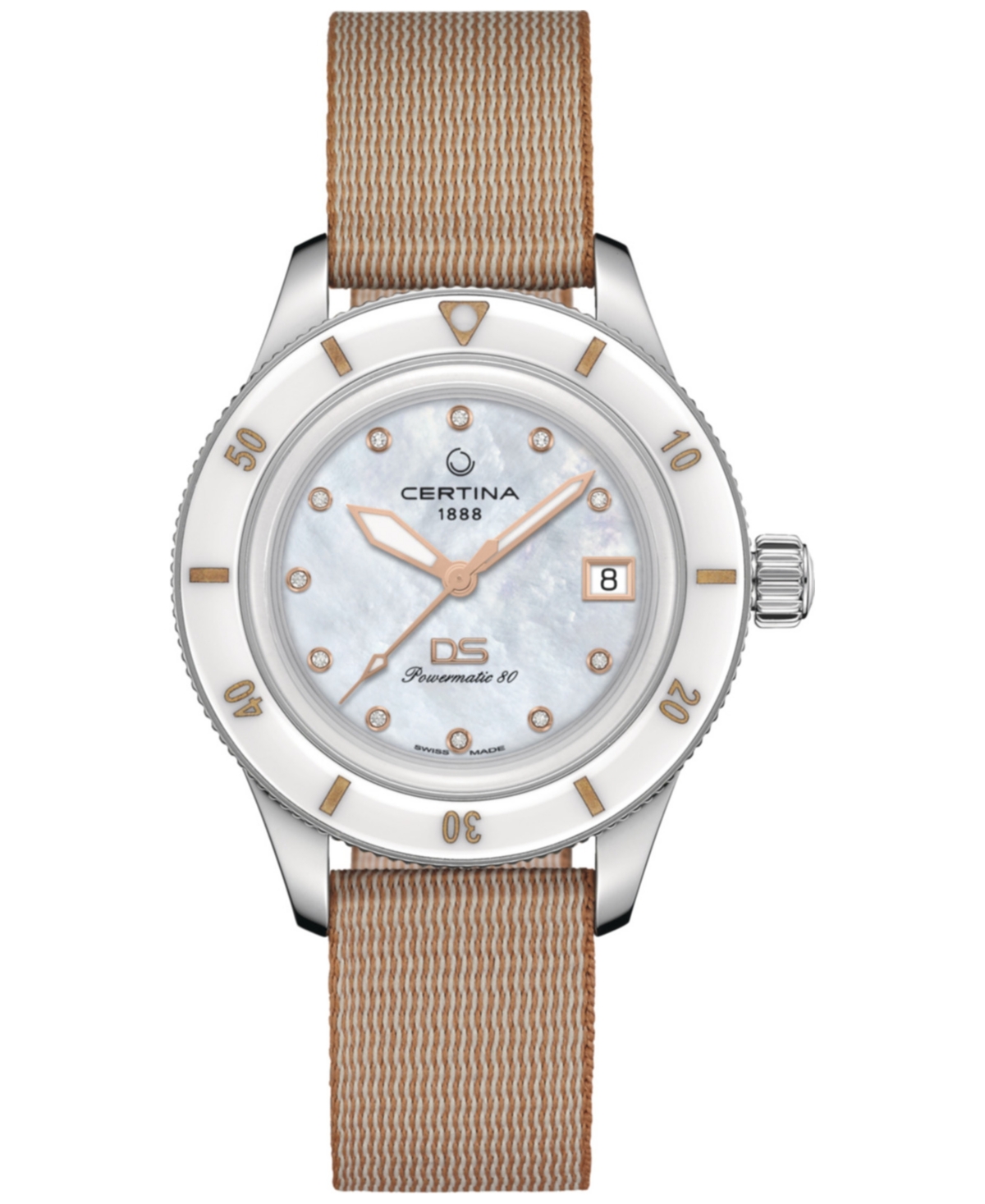 Certina Women's Swiss Automatic Ds Ph200m Diamond (1/20 Ct. T.w.) Beige Synthetic Strap Watch 39mm In White Mother Of Pearl