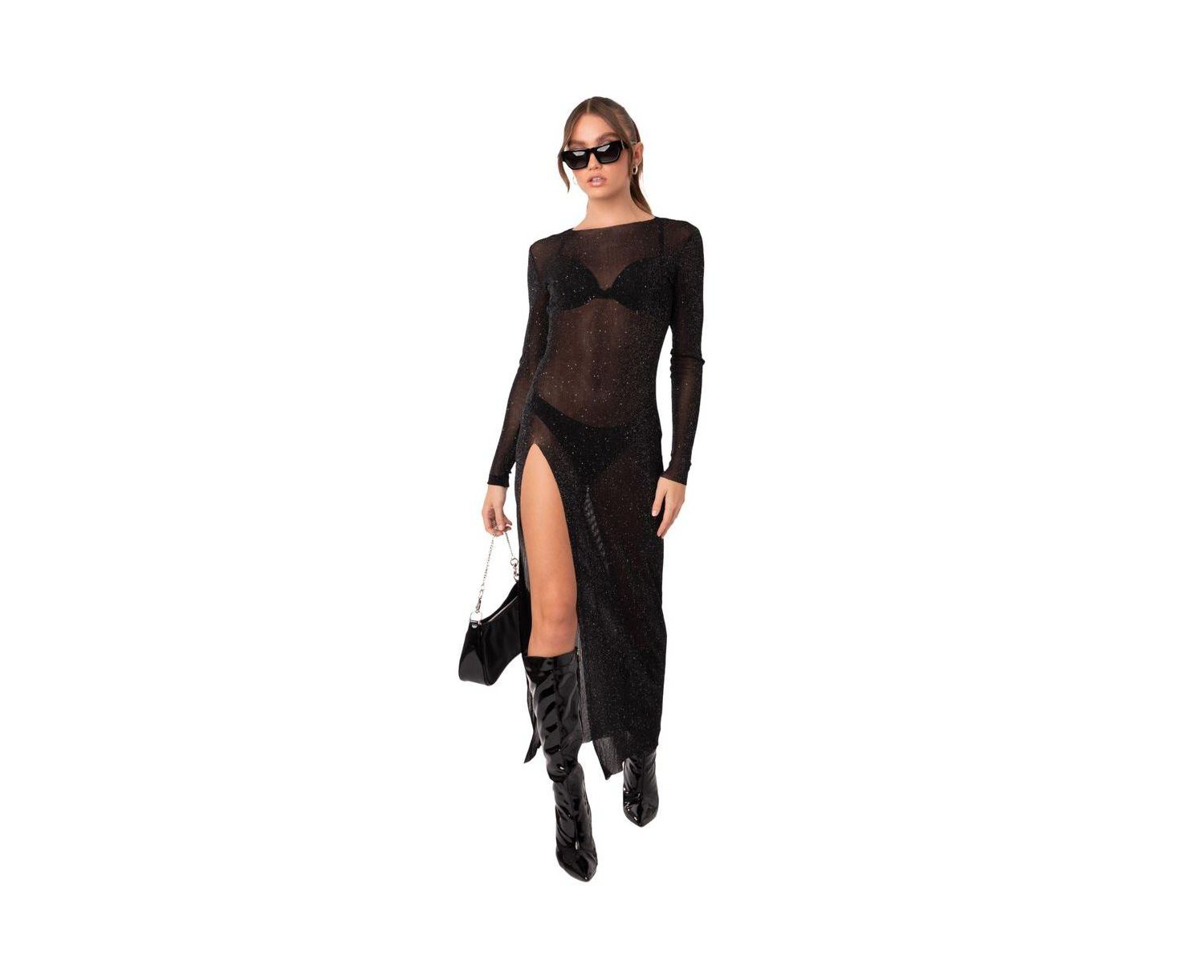 Women's Shiny Mesh Maxi Slit Dress